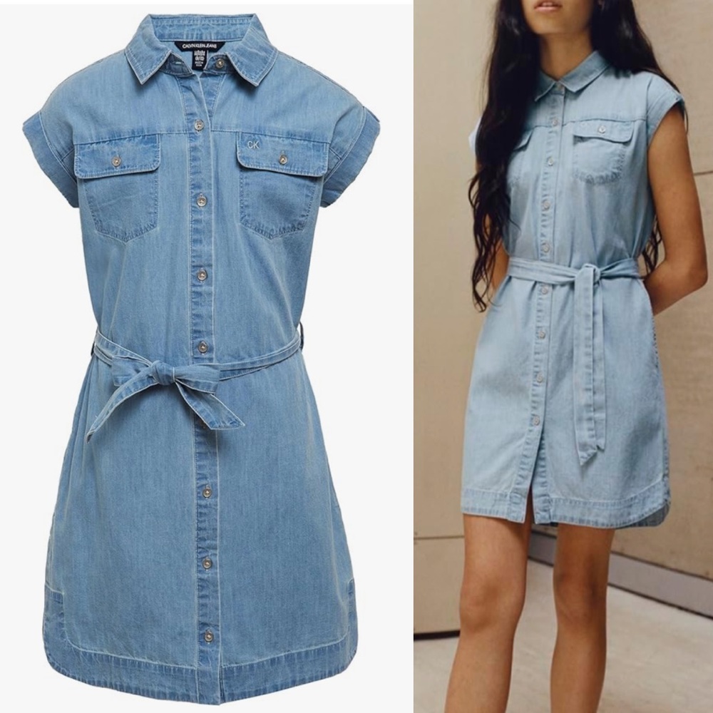 Calvin Klein Jeans girl’s blue chambray short sleeve button up sash dress medium